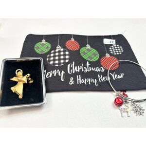 Gold Angel Pin Brooch & Christmas Charm Bracelet Set With Festive Pouch